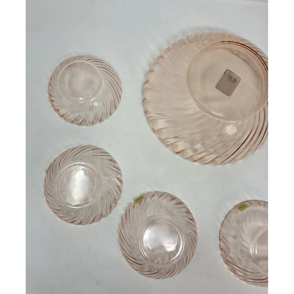 Arcoroc France Rosaline Pink Swirl Glass‎ Salad Bowl Set 7 Pc Vintage 1970s